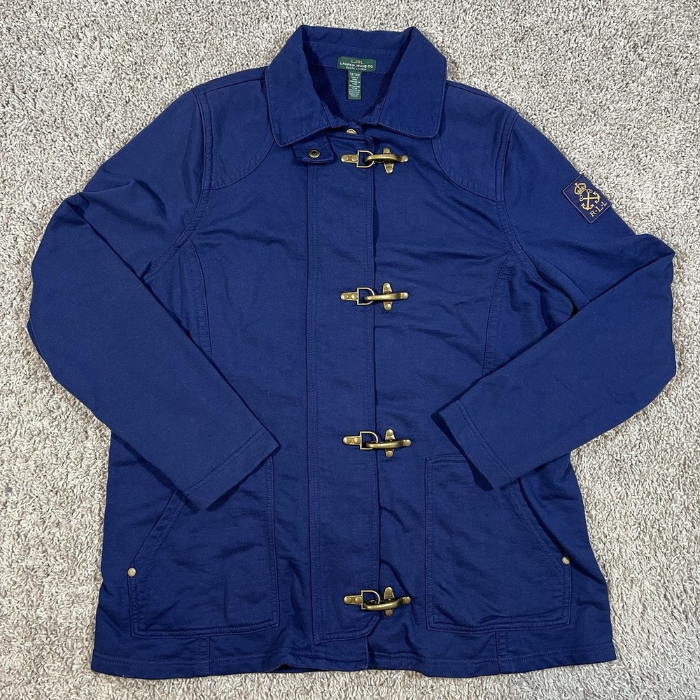LRL Lauren Jeans Co Toggle Hook Sweater Jacket 1X Navy Anchor Crest Brass Sailor